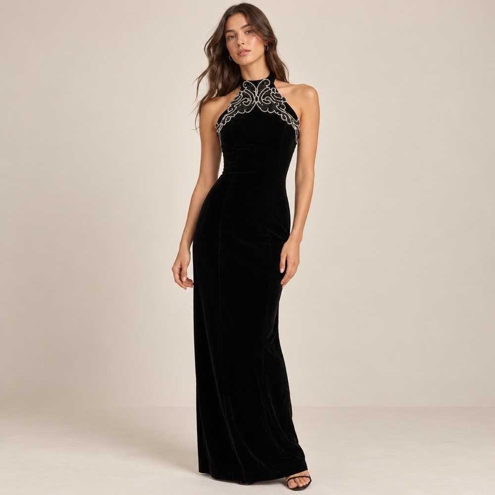 Zum Zum Velvet Maxi Dress Women 3-4 Black Beaded Halter Vintage Gown Whimsigoth